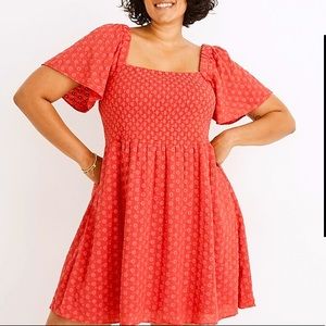 Madewell Eyelet Lucie Smocked Mini Dress, L, Red